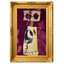Decorative key artwork with floral elements in a gold frame on a white background
