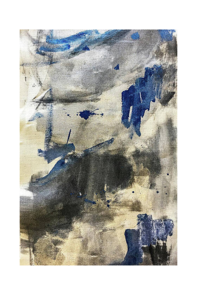 Abstract art print with blue and black splashes on a beige background