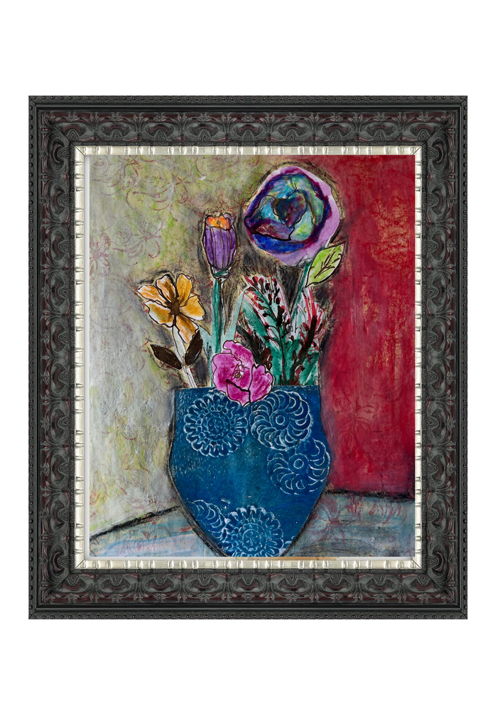 Framed artwork of a vase with flowers against a red background