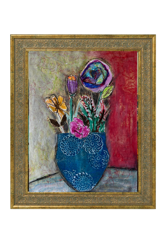 Framed artwork of a vase with flowers on a textured background