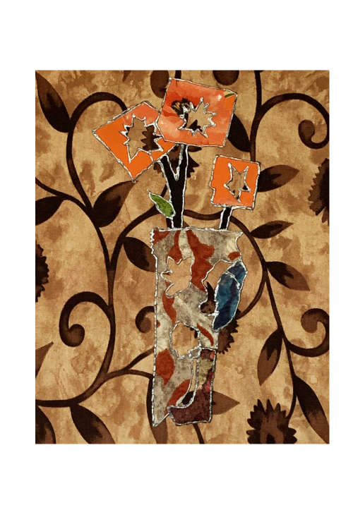 Decorative wall art with orange flowers and brown leaves on a beige background
