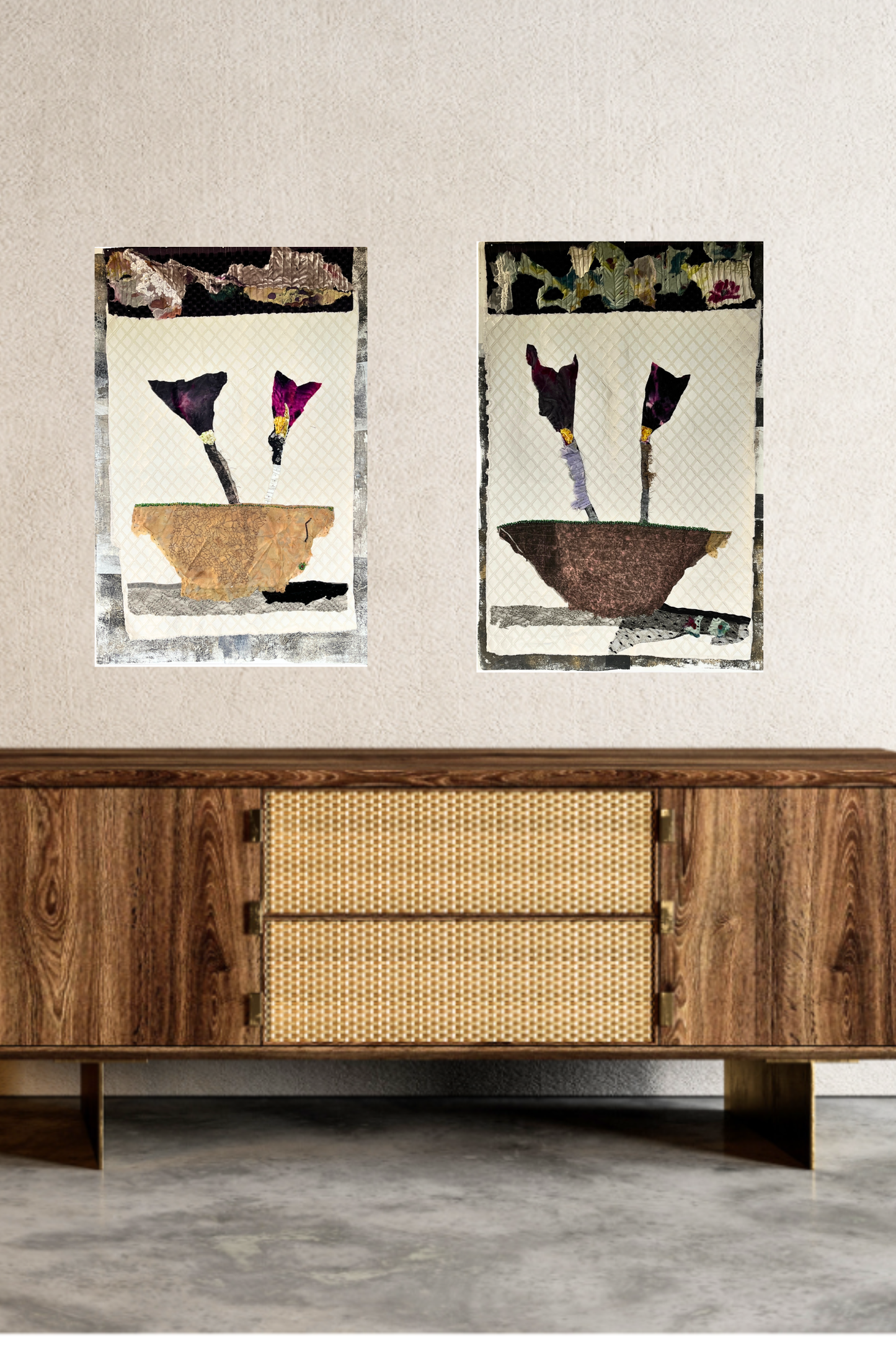 Two abstract artworks on a wall above a wooden sideboard with woven details.