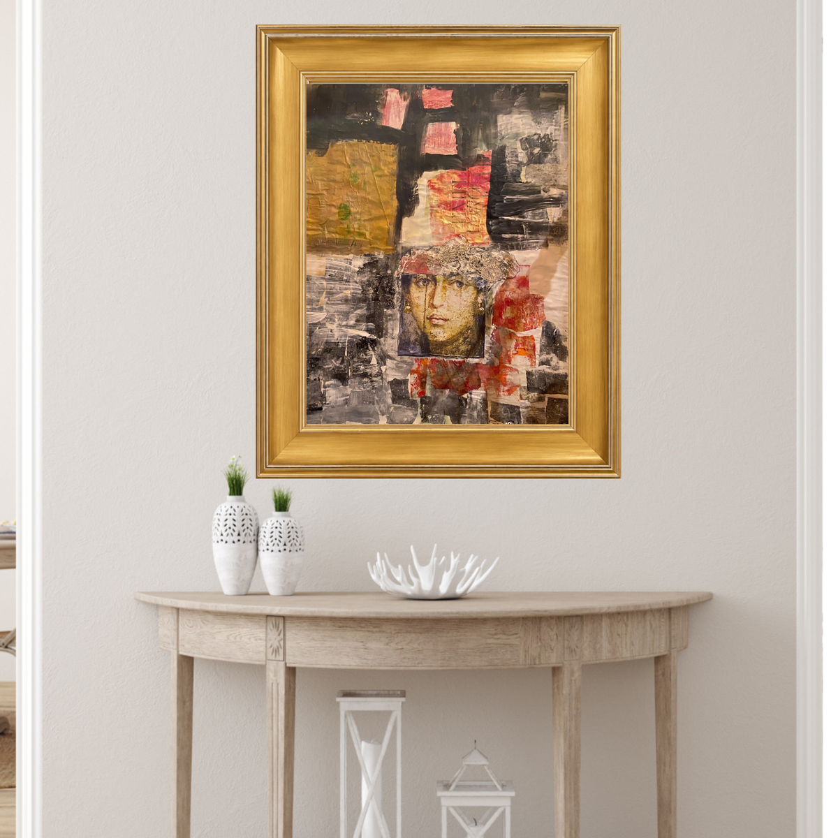 Cassia fine art print by contemporary artist Sara Palacios, featuring an elegant and expressive mixed-media portrait with exceptional narrative depth and detailed gallery textures. Framed in a gold frame.