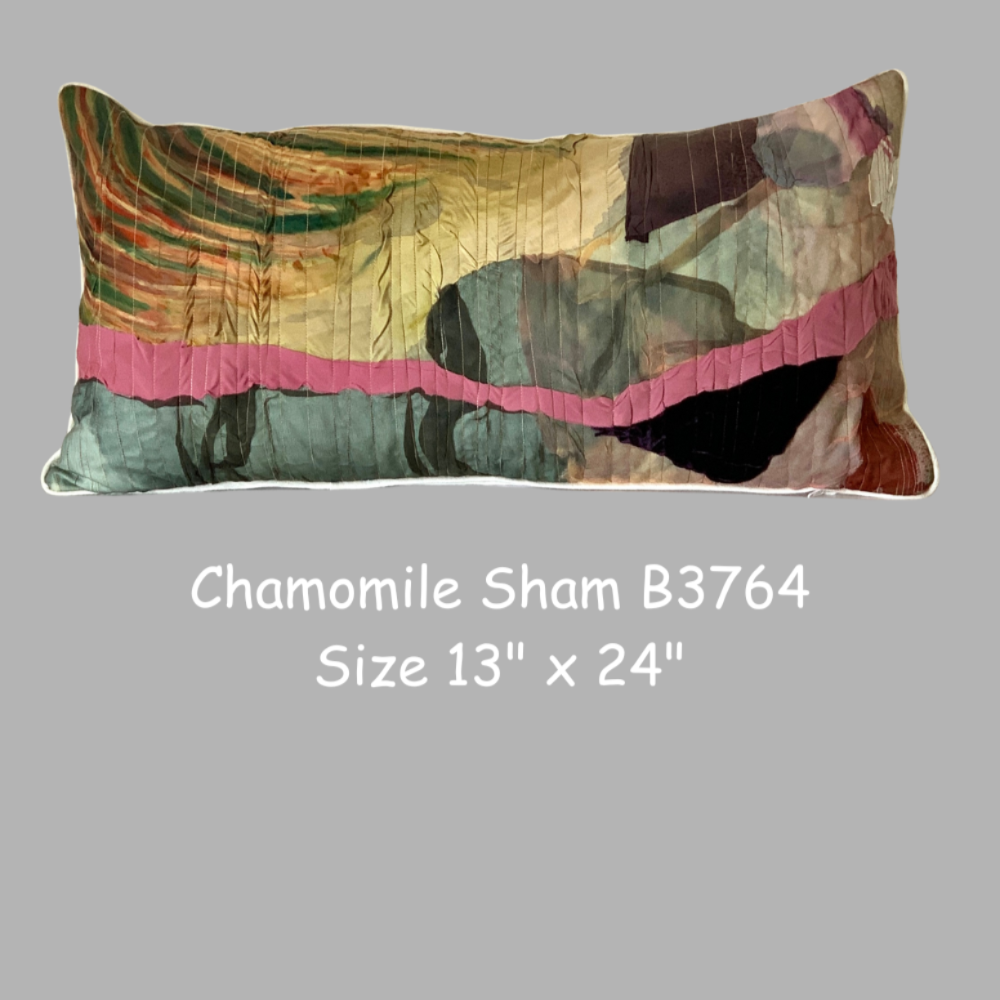 Multicolored quilted sham with text indicating size and color code on a gray background