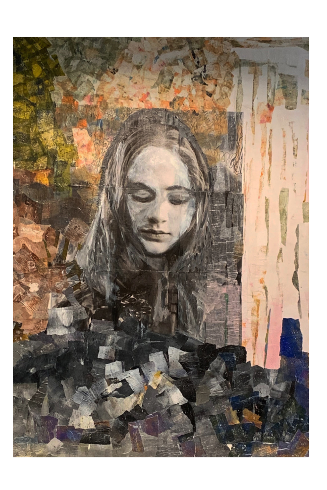 Artistic portrait of a woman with a textured, collage-like background