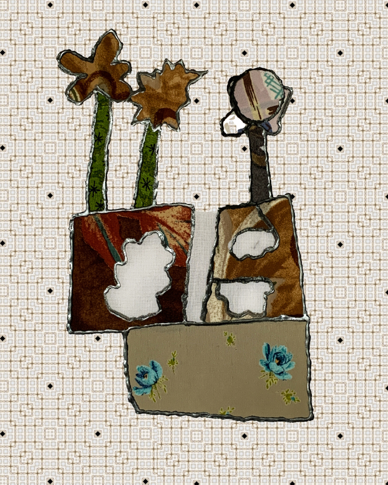 Abstract art piece with flowers and geometric shapes on a grid background