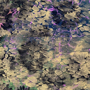 Textured fabric with abstract pattern in green, purple, and black