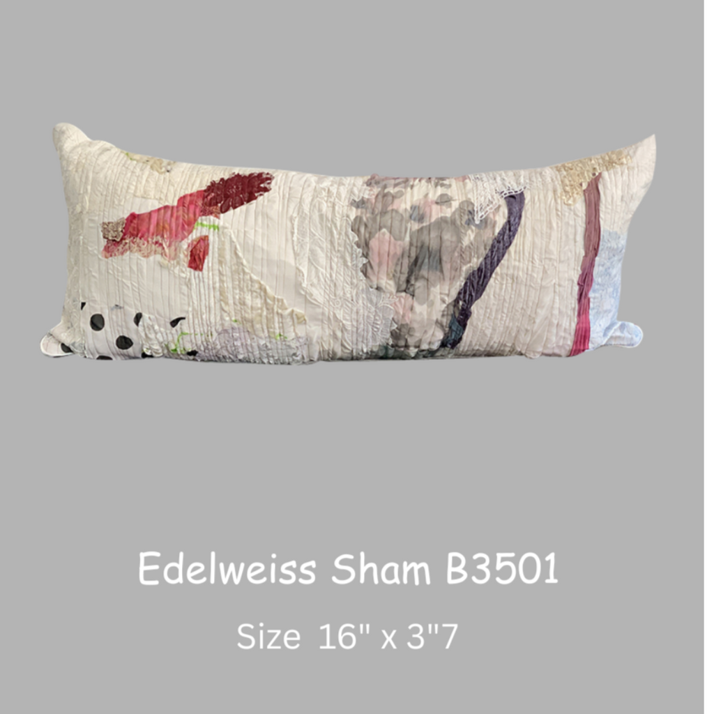 Decorative pillow with abstract design on a gray background, labeled 'Edelweiss Sham B3501'.