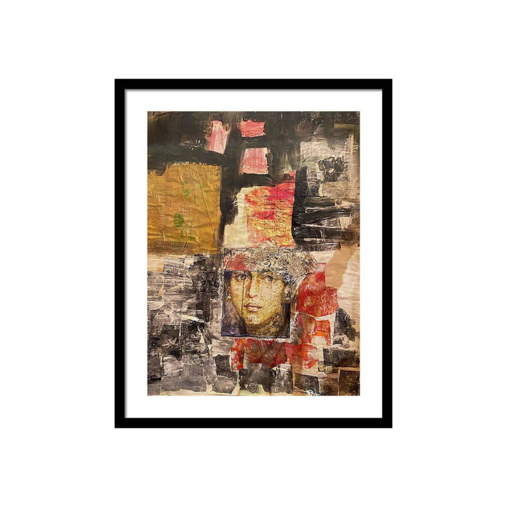 Mixed media portrait of a woman framed in stitched and painted textures, with a lace headdress and expressive eyes, surrounded by red, gold, and black tones.