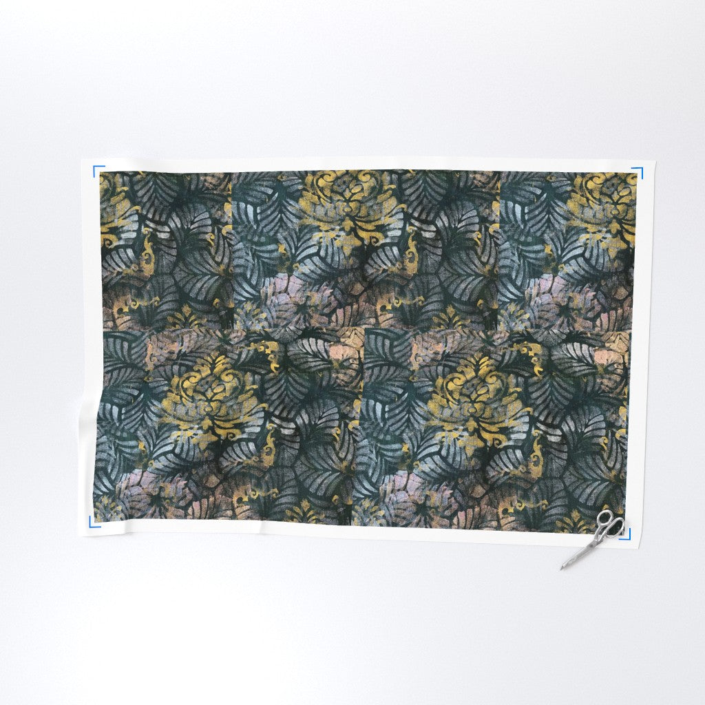 Floral patterned fabric with scissors on a white background