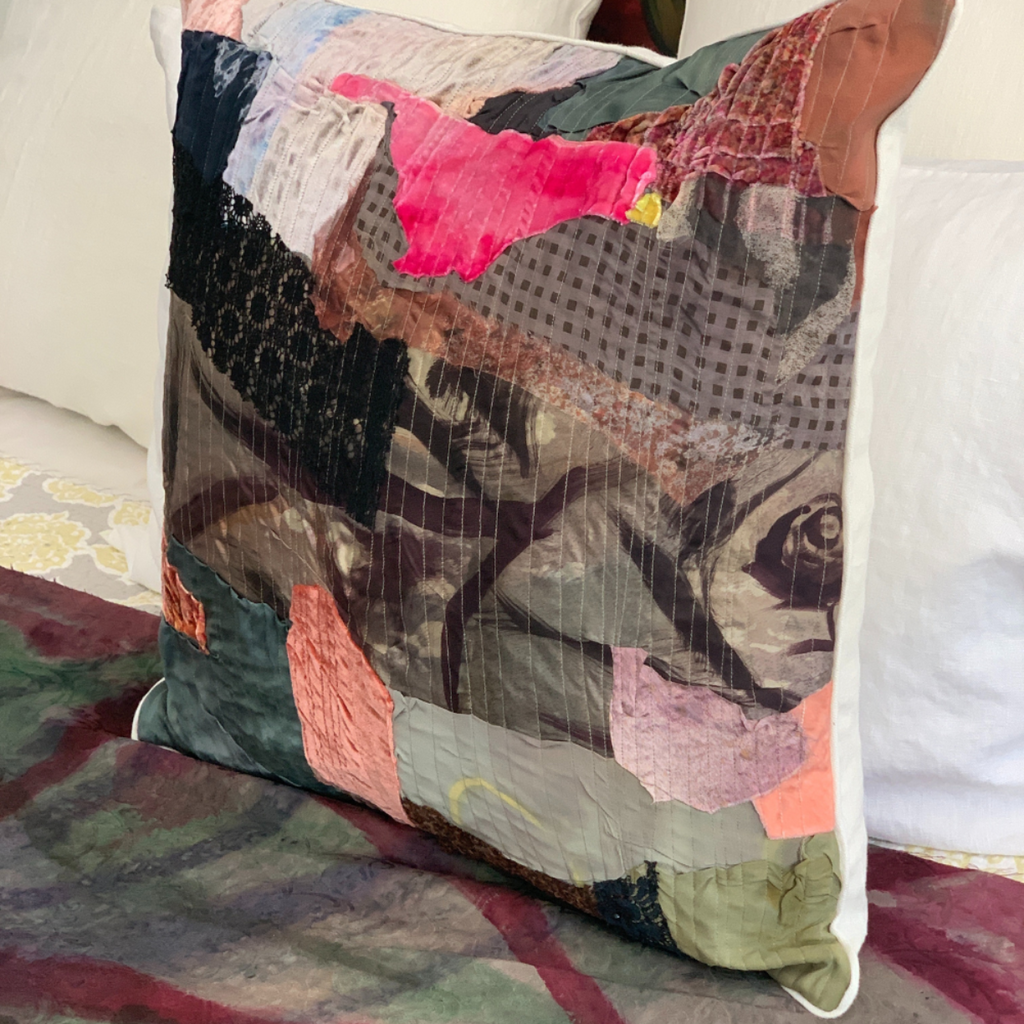 Filbert Decorative Pillow – square throw pillow with patchwork design in earthy greens, plum, blush pink, and black lace textures, styled as a bold accent for modern interiors.