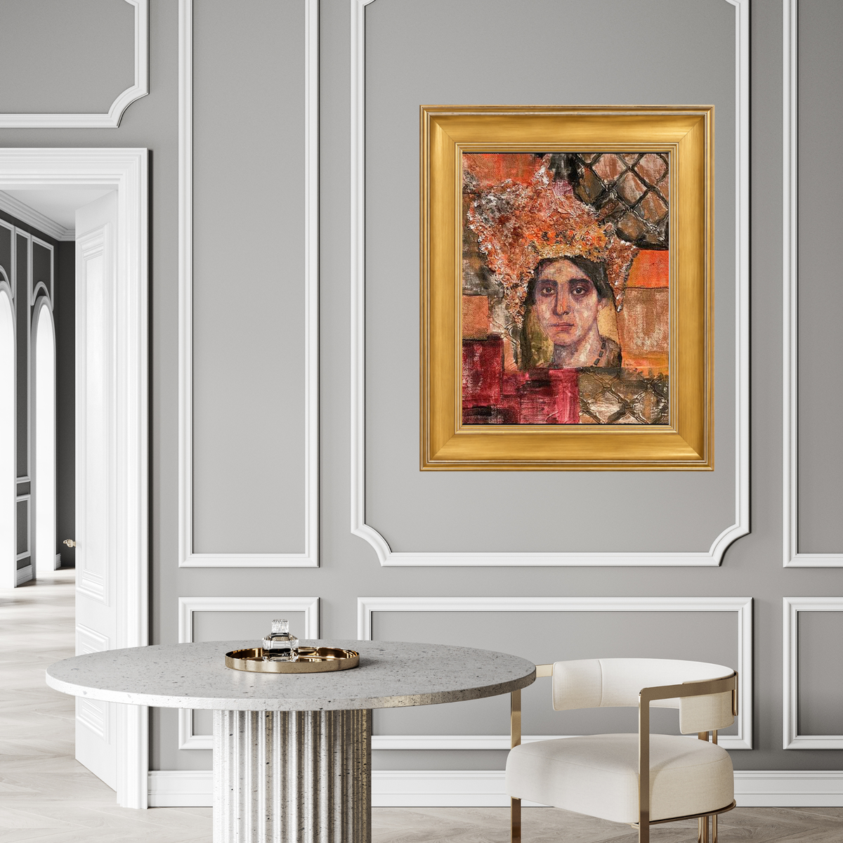 Filippa fine art print by contemporary artist Sara Palacios, featuring an elegant and expressive mixed-media portrait with exceptional narrative depth and detailed gallery textures. Framed in a gold frame