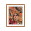 Portrait of a woman named Filippa in a fabric collage, adorned with an ornate floral lace crown and vintage-inspired patterns in rich earthy tones.