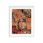 Portrait of a woman named Filippa in a fabric collage, adorned with an ornate floral lace crown and vintage-inspired patterns in rich earthy tones.
