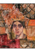 Portrait of a woman named Filippa in a fabric collage, adorned with an ornate floral lace crown and vintage-inspired patterns in rich earthy tones.