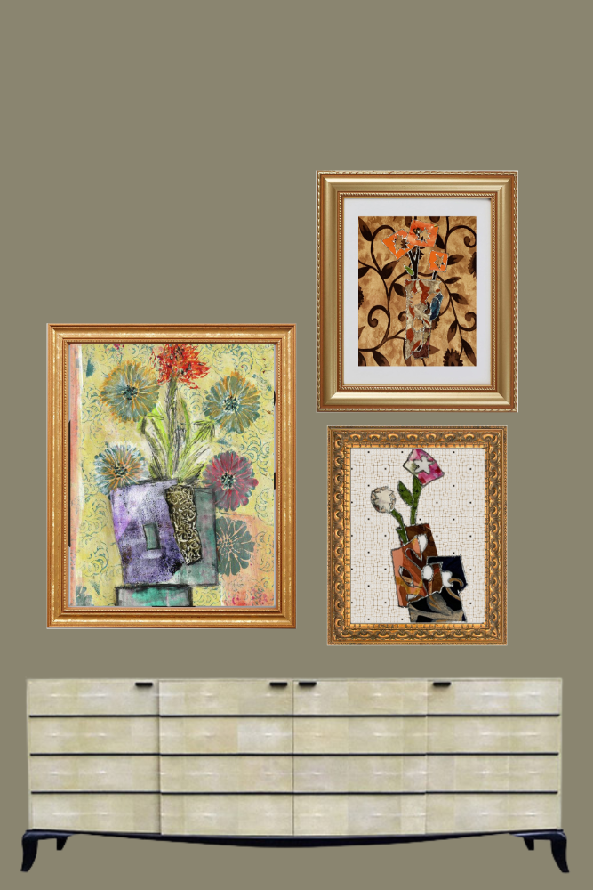 Three framed artworks above a decorative cabinet on a brown wall.