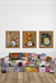 Colorful patchwork sofa with three framed artworks on a white wall.