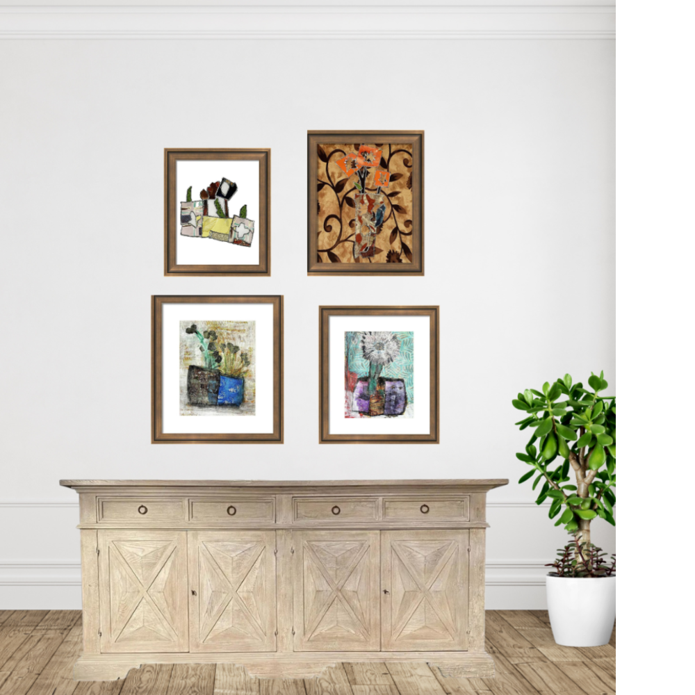 Framed artworks on a wall above a wooden sideboard with a plant in the corner.