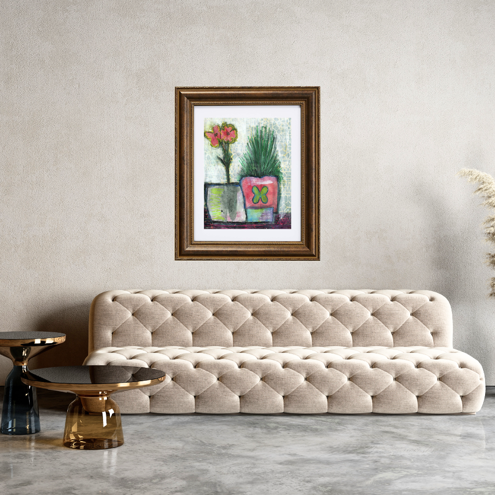 Floral Wall Fine Art Print. Beige tufted sofa in a living room with a framed abstract painting on the wall.