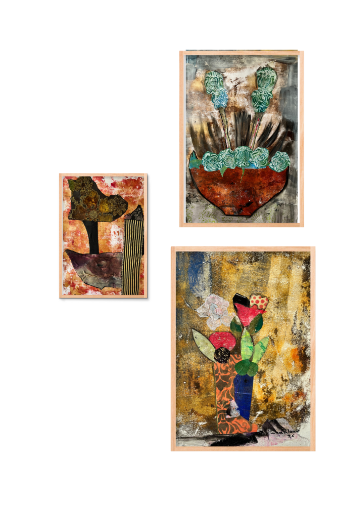 Three abstract artworks with wooden frames on a white background