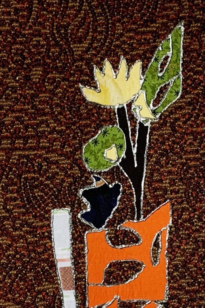 Abstract art piece with a vase and flowers on a textured brown background