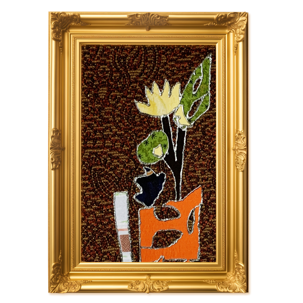 Decorative artwork with a gold frame featuring a stylized plant and abstract shapes.