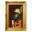 Decorative artwork with a gold frame featuring a stylized plant and abstract shapes.