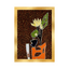 Artistic depiction of a plant in an orange pot on a textured brown background with a gold border.
