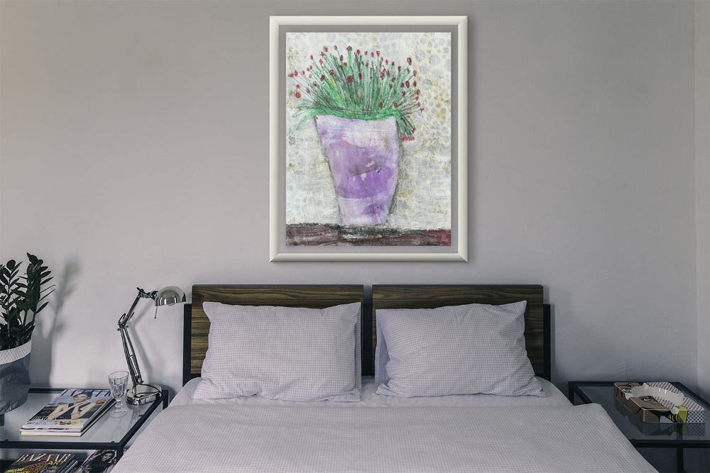 Mixed media collage titled Growing Moon by Sara Palacios. The piece features a tall lavender vase filled with fine green stems and small red buds, set against a softly textured, patterned background in pale gray and yellow tones.