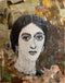 collage portrait of a woman with lace detailing around the neck, set against textured paper layers in gold, brown, and neutral tones.