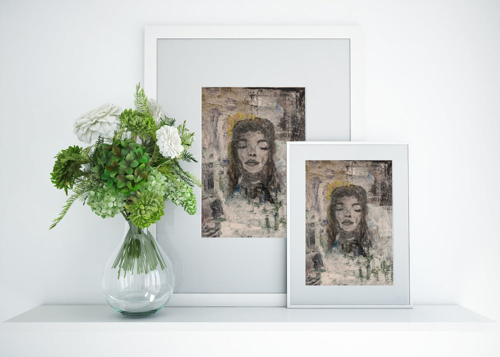 Black-and-white collage portrait of a woman with lace detailing around the neck, set against textured paper layers in gold, brown, and neutral tones.