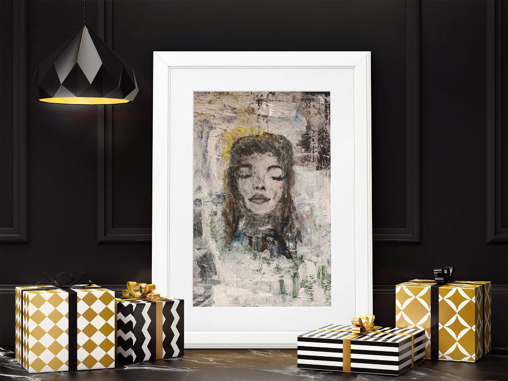 Black-and-white collage portrait of a woman with lace detailing around the neck, set against textured paper layers in gold, brown, and neutral tones.