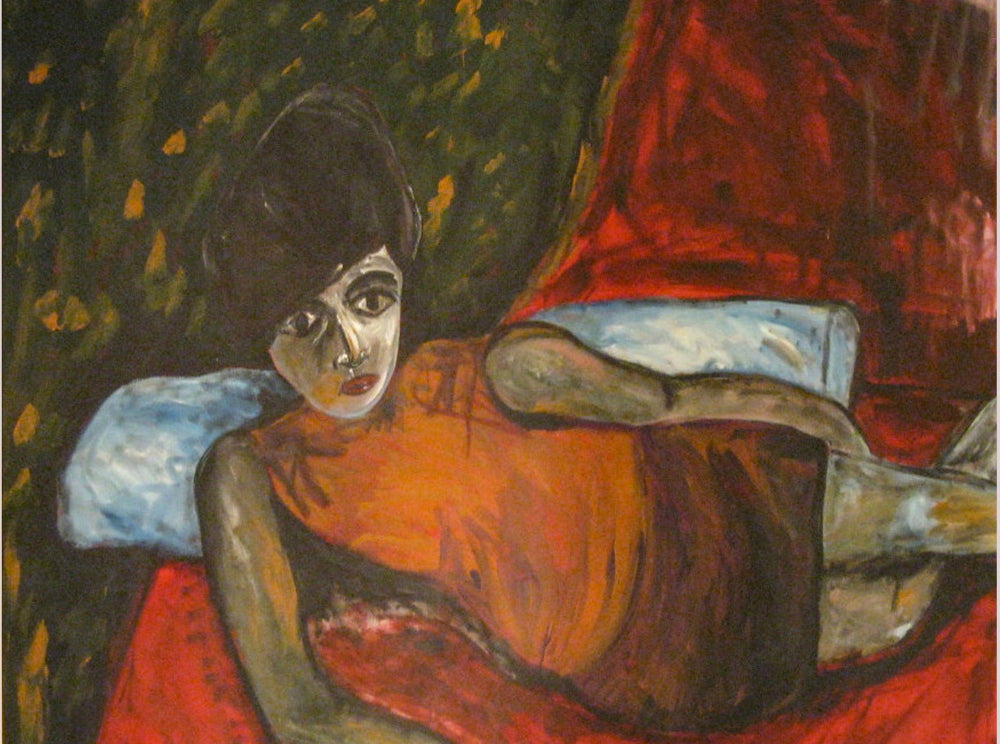 Artistic depiction of a figure with dark hair and red dress against a textured background