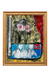 Abstract artwork with flowers and mountains in a gold frame