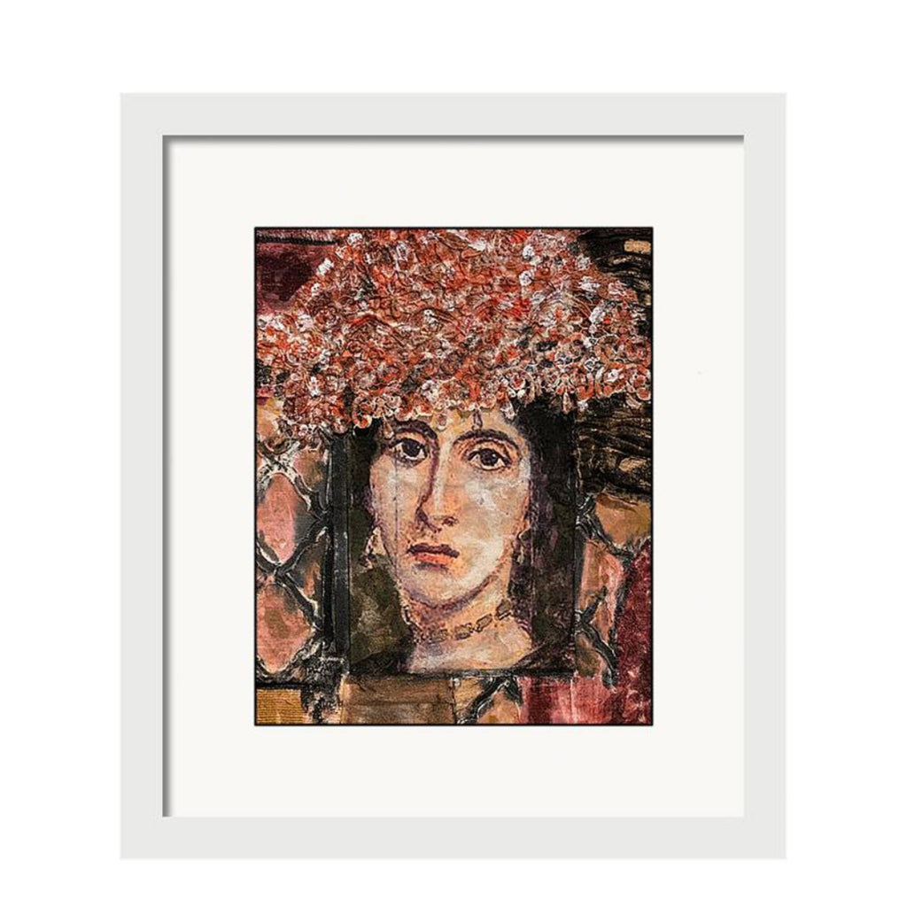 Fabric collage portrait of a woman named Lavina with soft eyes and a floral lace crown, surrounded by blush, rose, and vintage brown textile textures.