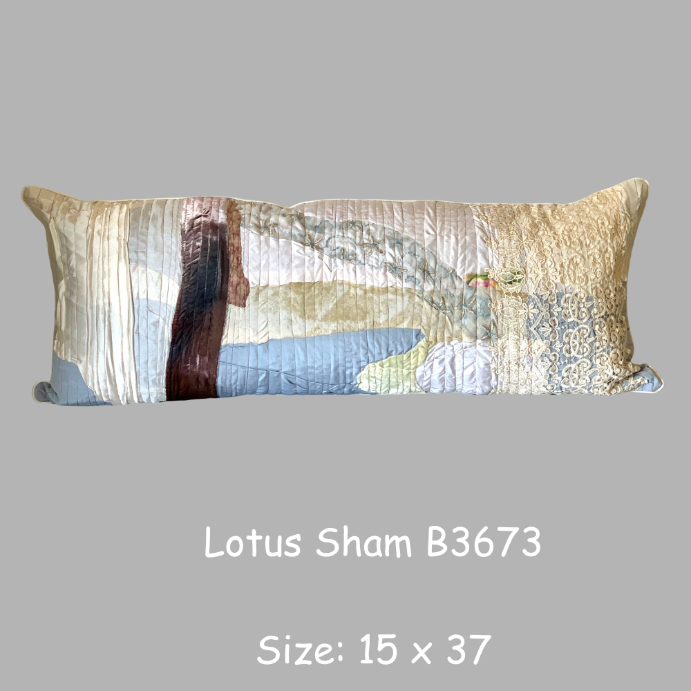 Decorative pillow with artistic design on a gray background, labeled 'Lotus Sham B3673'.