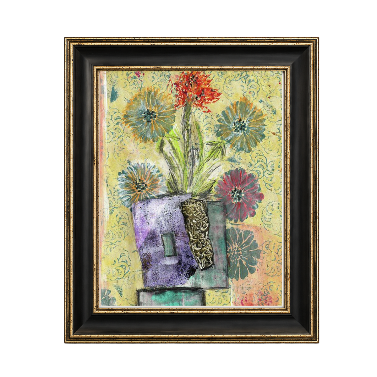 A beautifully framed Mead Moon contemporary fine art print by artist Sara Palacios, showcasing serene textures and warm tones in a premium solid wood black and gold frame.