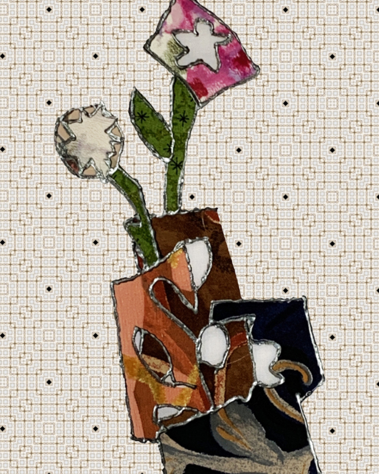 Abstract artwork of flowers in a vase on a grid background