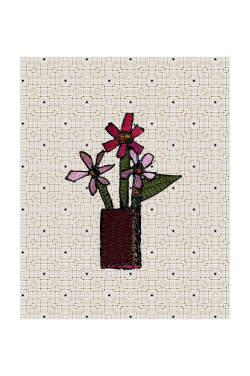 Cross-stitched design of flowers in a pot on a polka dot background