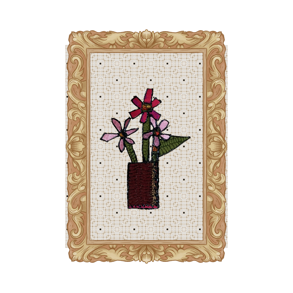 Cross-stitched design of flowers in a vase on a grid background with an ornate frame.