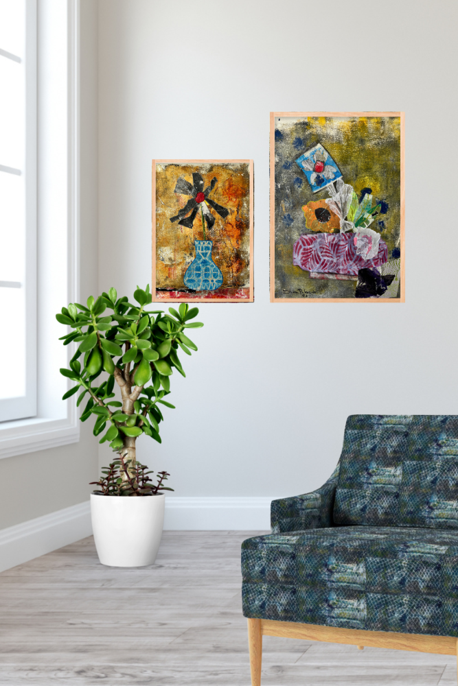 Living room with a blue patterned armchair, potted plant, and two colorful abstract paintings on the wall.