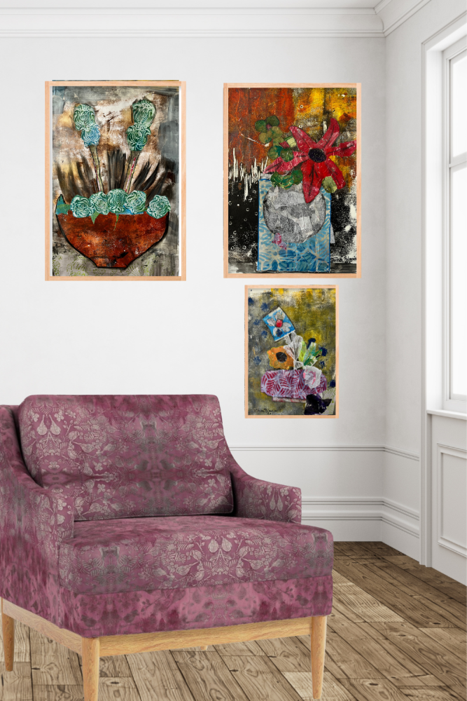 Purple armchair in a room with colorful abstract paintings on the wall.
