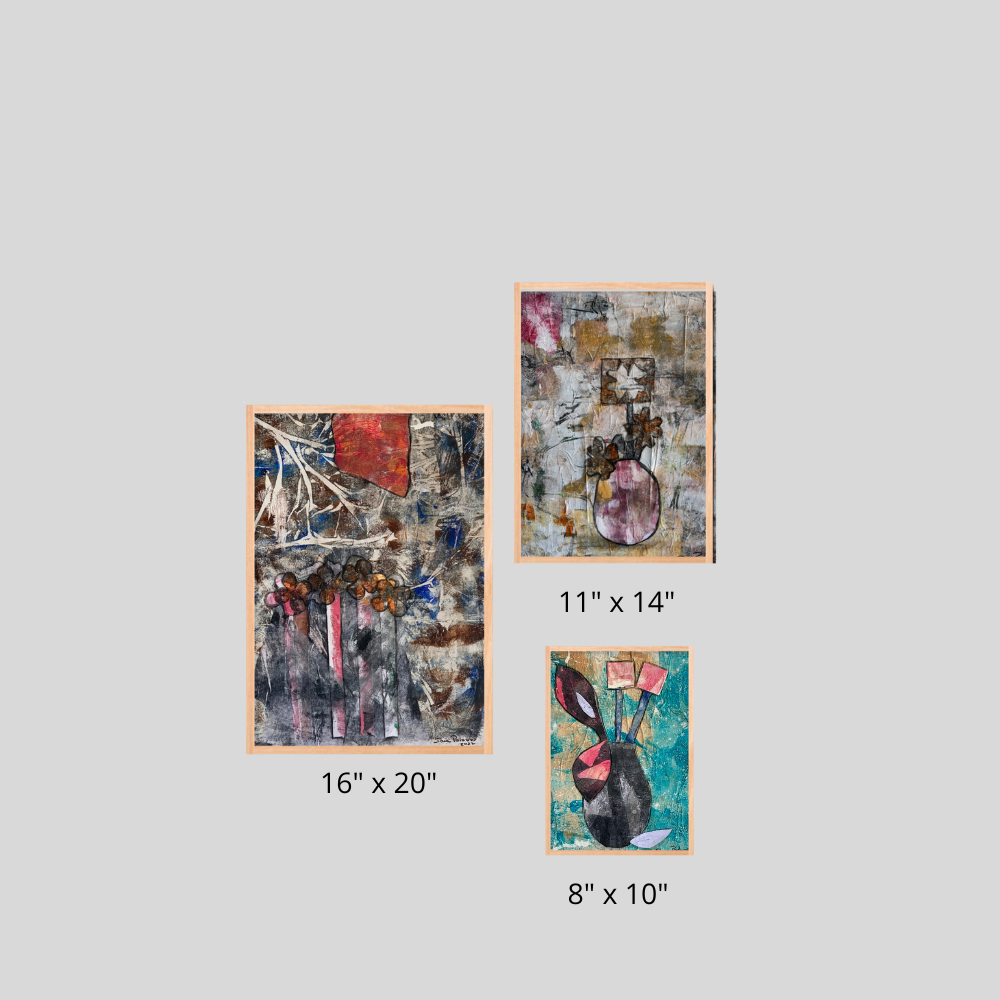 Three abstract artworks of different sizes on a light gray background