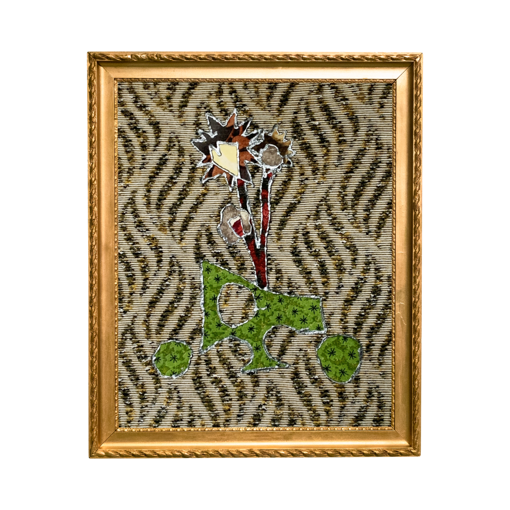 Decorative wall art with a gold frame, zebra print background, and colorful abstract design.