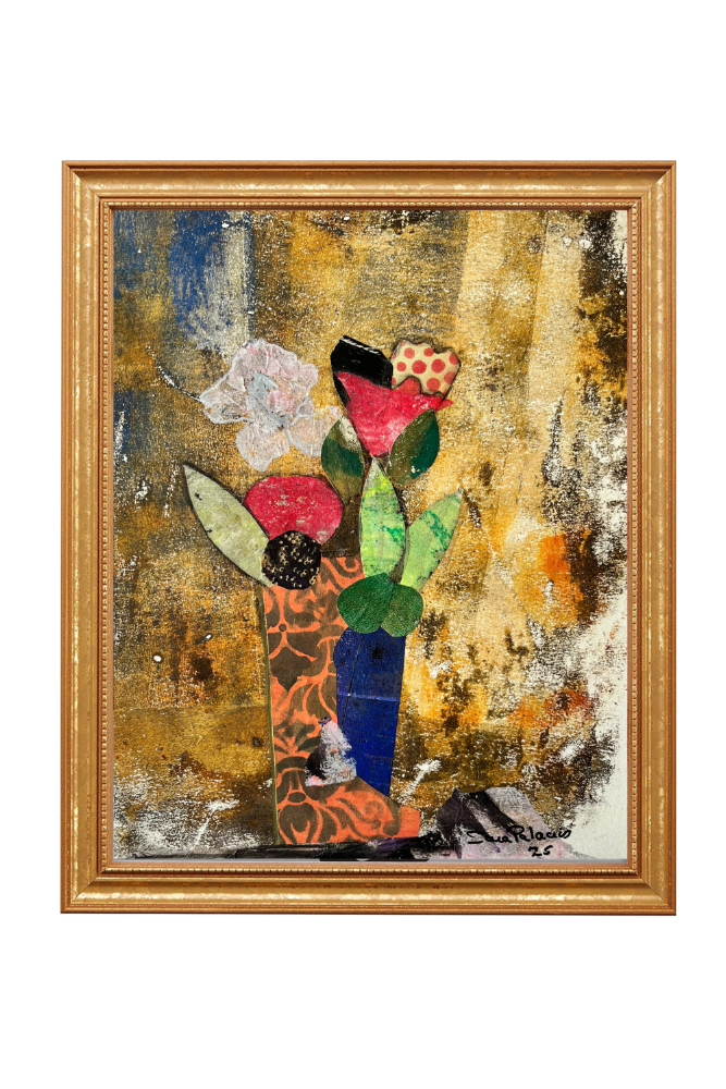 Abstract artwork with flowers in a decorative frame on a white background