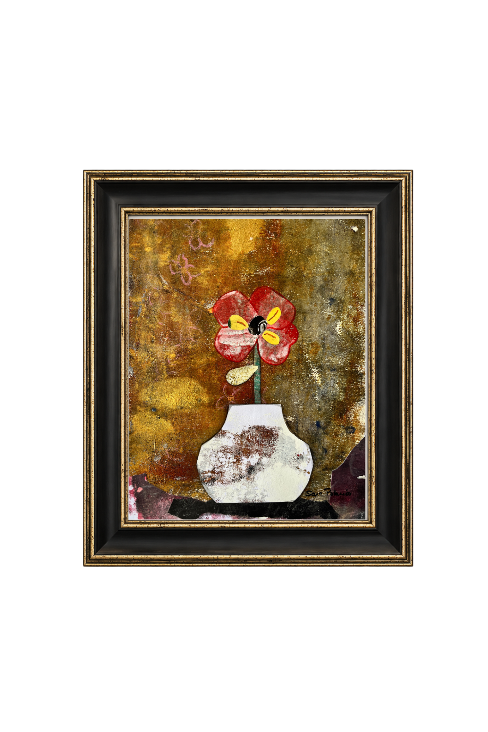 Framed abstract floral artwork featuring a red flower in a white vase against a textured gold and brown background, set in a black and gold frame on a white background.
