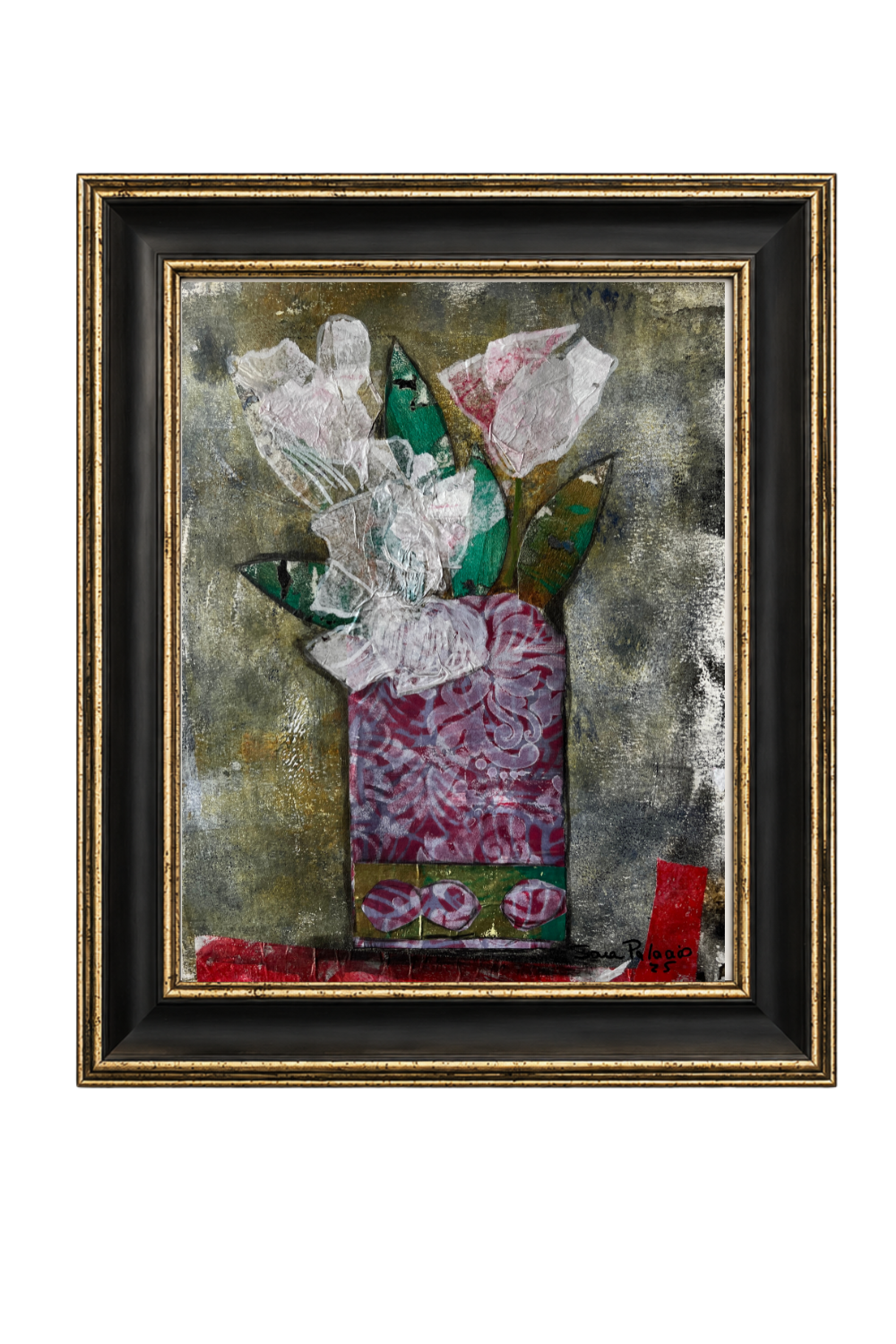 A framed still-life collage of white tulips in a purple vase, set in a black and gold gold frame.