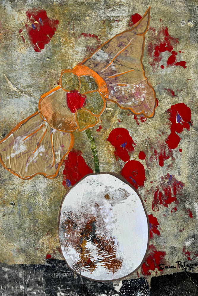 Abstract art piece with red and brown elements on a textured background