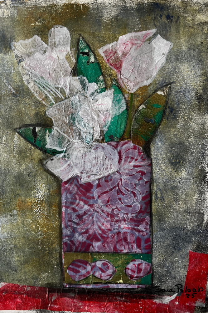 Artistic depiction of flowers in a vase with textured background