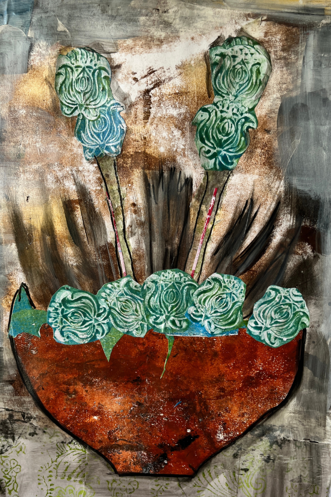 Artistic depiction of a vase with green floral patterns on a textured background